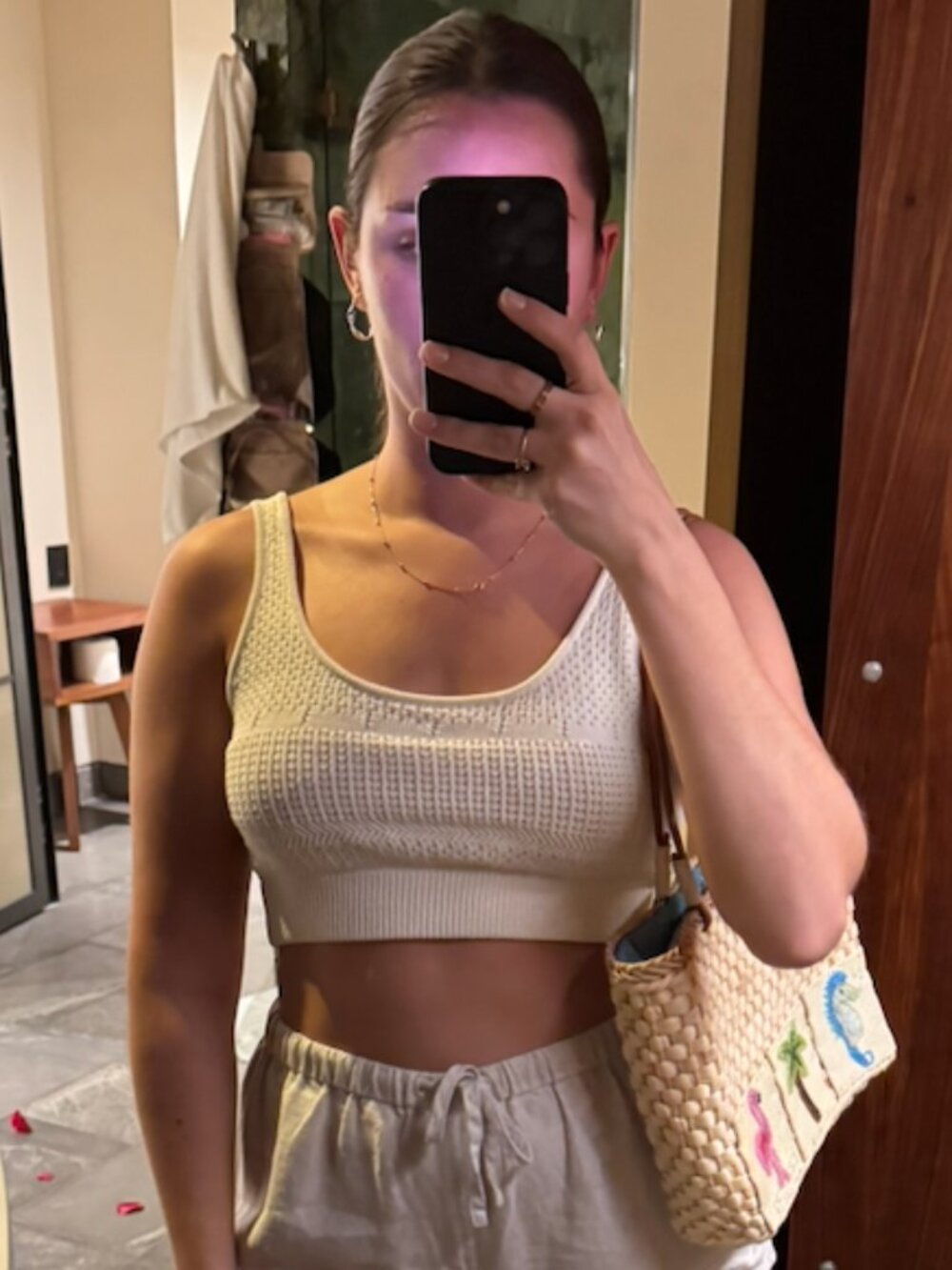 FRAME Crochet Knit Cropped Top in Ivory Size Medium